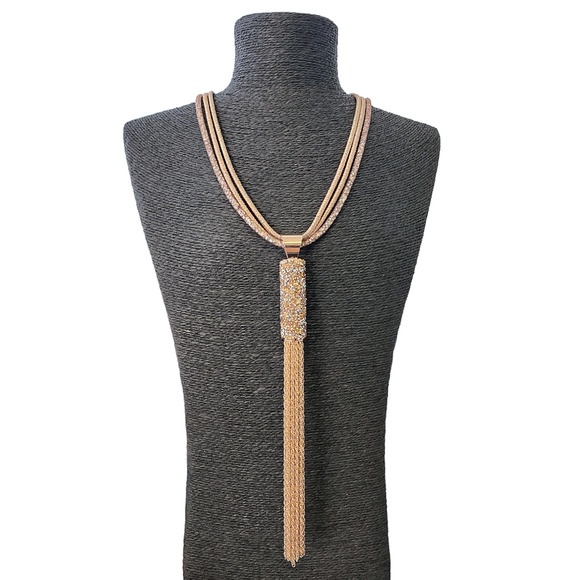 Hand Crafted Jewelry - Handmade Pink Rose Gold Multi Strand Layer Necklace w/ Shimmering Crystals